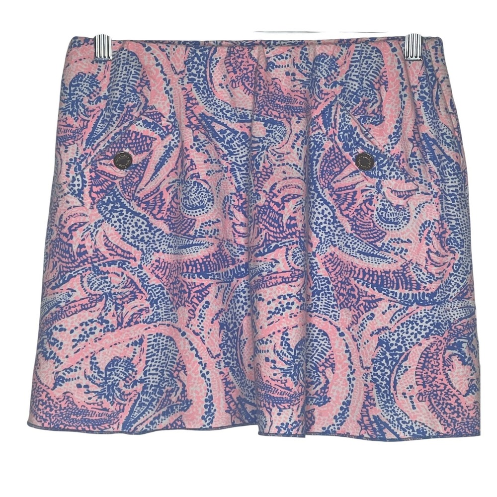 Lilly Pulitzer Pink Blue Paisley Alligator Knit Skort Gold Logo Buttons Mini